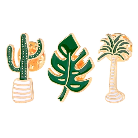 Spilla in Smalto Naturale Lega Oro Pianta Foglia Cactus Monstera Albero di Cocco Distintivo Gioielli Donna Uomo Decorazione