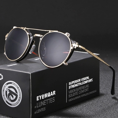 Round Steampunk Sunglasses For Women Metal Frame UV400 Protection Retro Outdoor Fashion Eyewear Vintage Carved Temples