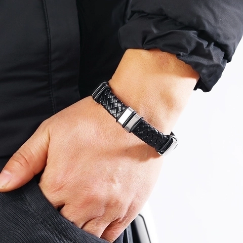 Herren Geflochtenes Lederarmband Mit Edelstahl Metallakzenten Schwarz Punk Stil Mode Schmuck Für Herren Täglich Casual Geschenk
