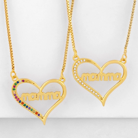 18K Gold Plated Copper Mamma Heart Pendant Necklace With Colorful Cubic Zirconia Jewelry Mother Day Gift