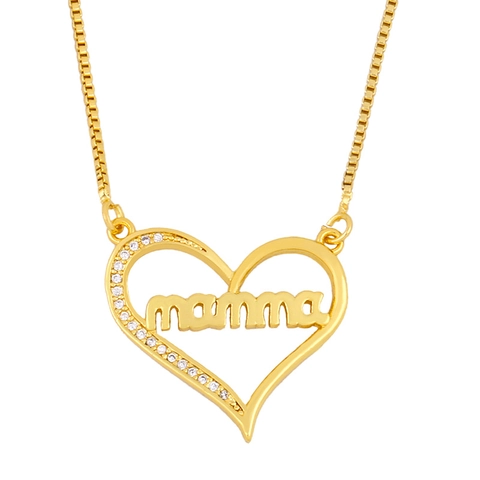 18K Gold Plated Copper Mamma Heart Pendant Necklace With Colorful Cubic Zirconia Jewelry Mother Day Gift