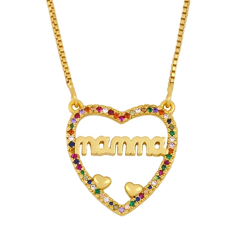 Copper 18K Gold Plated Heart Mamma Letter Pendant Necklace Colorful White Zircon Box Chain Mother Day Gift Women