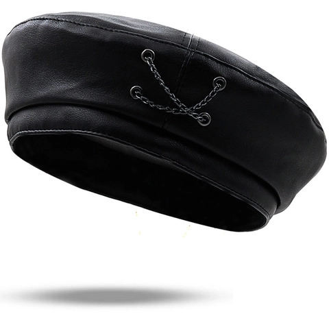 Vintage British Style Cotton Beret Hat For Women Fashion Solid Color Painter Hat With Metal Chain Decoration Flat Top Short Brim Accessory