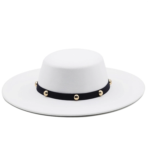 Flat Top Boater Hat Wide Brim Felt Texture Black Ribbon Gold Rivets Retro British Vintage Style For Men Women