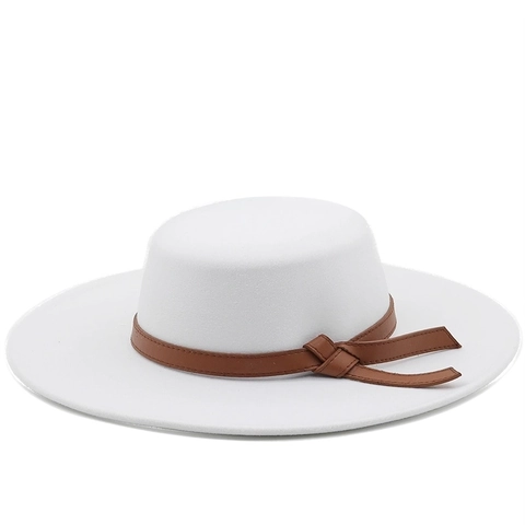Vintage Flat Top Boater Hat Wide Brim Cotton Polyester Felt Elegant British Style Fedora With Leather Band Men Women