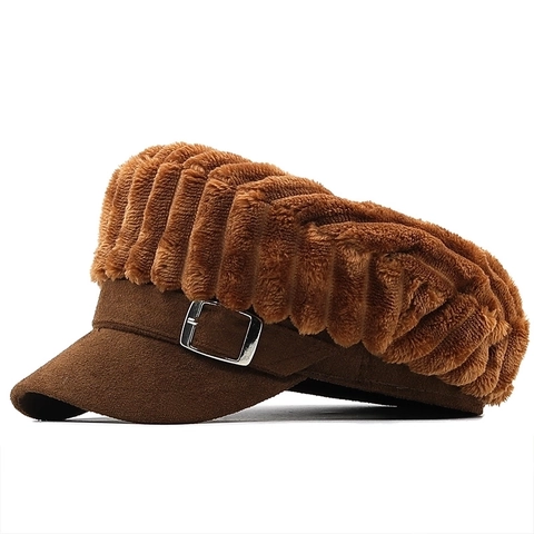 Newsboy Mütze Plüsch Gestreift Winter Warme Kappe Mit Wildlederimitat Schirm Und Metallschnalle Für Damen