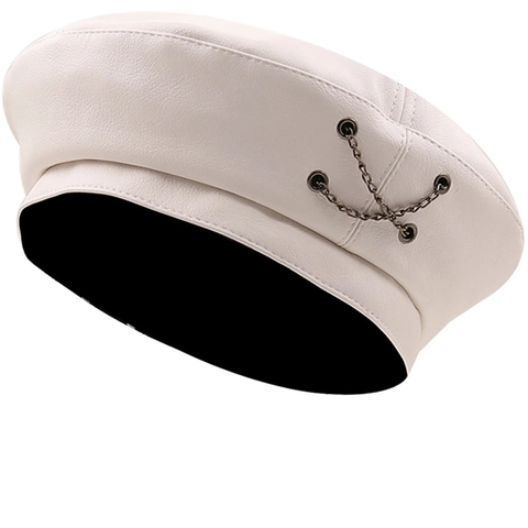Vintage British Style Cotton Beret Hat For Women Fashion Solid Color Painter Hat With Metal Chain Decoration Flat Top Short Brim Accessory
