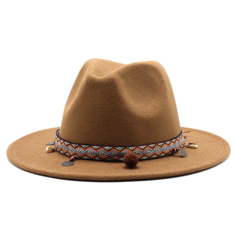 Wide Brim Fedora Hat Wool Felt Ethnic Woven Band Bohemian Style Jazz Retro Cowboy Sun Hat For Men Women