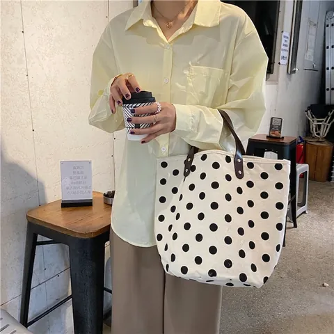 Französische Retro Polka Dot Canvas Handtasche Mit Ledergriff Bucket Tote Für Frauen Täglich Lässig Lunchbox Tasche