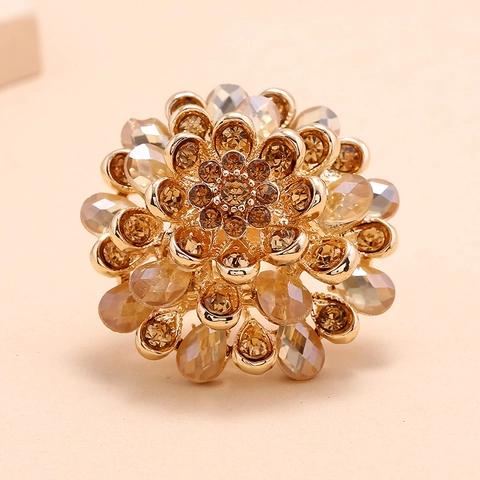 Exaggerated Crystal Flower Ring Vintage Alloy Rhinestone Statement Luxury Adjustable Jewelry For Women
