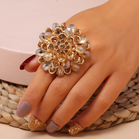 Exaggerated Crystal Flower Ring Vintage Alloy Rhinestone Statement Luxury Adjustable Jewelry For Women