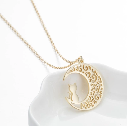 Collier Pendentif Lune Et Chat En Acier Inoxydable Pour Femmes Filles Bijoux Animaliers Minimalistes