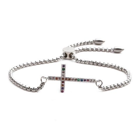 Pulsera Con Colgante De Cruz De Acero Inoxidable Con Circón Colorido Arcoíris Cadena De Caja Ajustable Joyería Religiosa Para Hombre