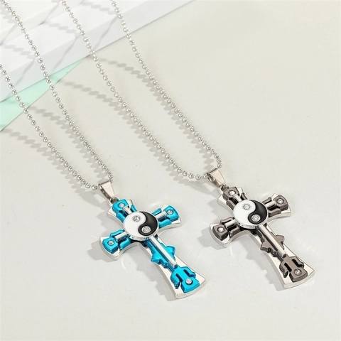 Collier Pendentif Croix Yin Yang Bagua Acier Inoxydable Alliage Zircon Strass Bijoux Retro Punk Pour Hommes