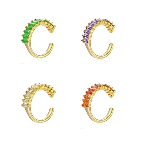 Zircon Copper Ear Cuff C Shaped Non Pierced 18K Gold Plated Rectangular Stone Cartilage Earring For Women