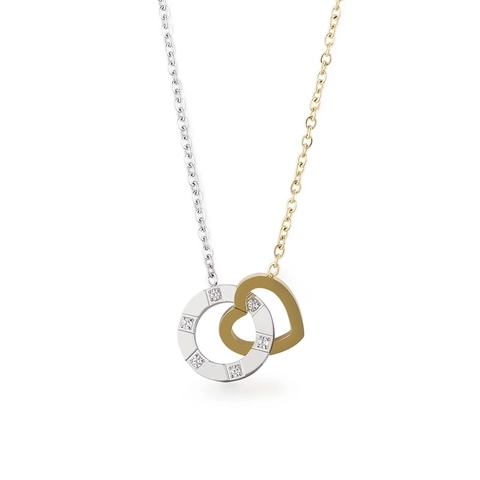 Minimalistische Ineinandergreifende Herz Kreis Anhänger Halskette Edelstahl Straß Zwei Ton Doppel Ring Schmuck Für Damen
