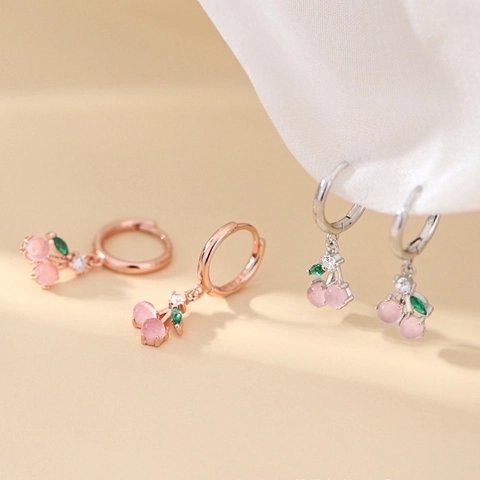 Orecchini A Cerchio Con Ciliegia E Perno In Argento Sterling 925 Rame Pietra Occhio Di Gatto Rosa Dolce Per Donne