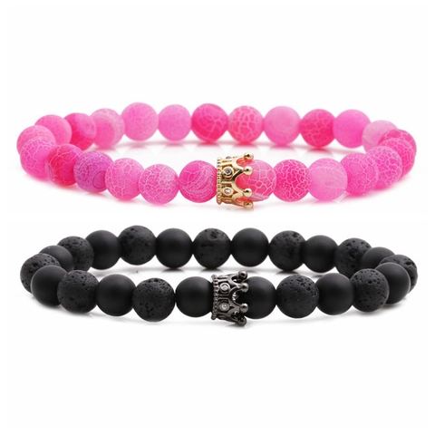 Bracelet En Perles De Pierre Naturelle Avec Breloque Couronne Zircon Micro Pavé Bijoux Élastiques Pour Couples