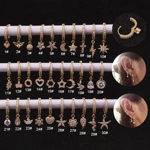 Kleine Koperen Creolen Met Zirkonia Bliksem Maan Ster Hart Bedeltjes Sierlijke Helix Piercing Sieraden Voor Dames Mode