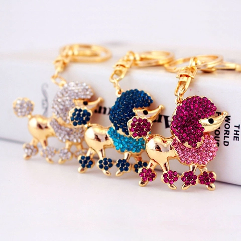 Shiny Rhinestone Poodle Keychain Cute Animal Zinc Alloy Dog Key Chain Pendant For Women Bag Decoration Jewelry Gift