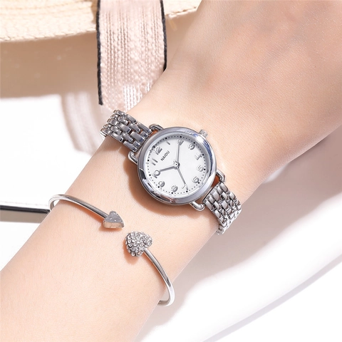 Women Quartz Watch Fashion Thin Stainless Steel Chain Strap Minimalist Round Dial Arabic Numerals Elegant Ladies Wristwatch