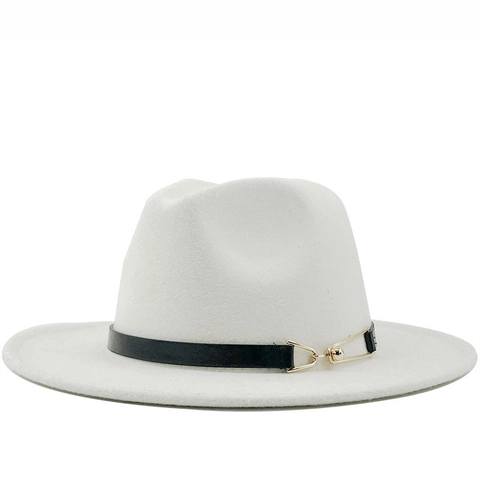 Wide Brim Fedora Hat Woolen Felt Jazz Cap With Leather Belt Gold Buckle Retro British Style Elegant For Women Men
