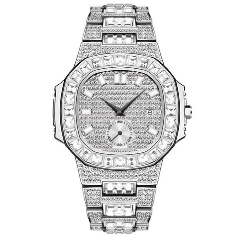 Luxury Men Quartz Watch Iced Out Lab Diamond Alloy Stainless Steel Waterproof Calendar Hip Hop Punk Fashion