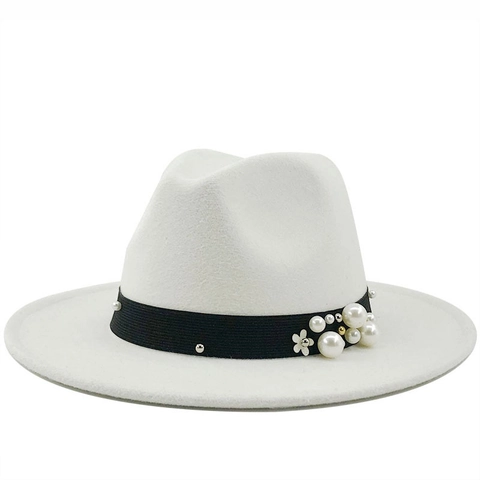 Women Wool Felt Fedora Hat Wide Brim Retro Elegant Jazz Hat With Artificial Pearl Flower Decorative Band