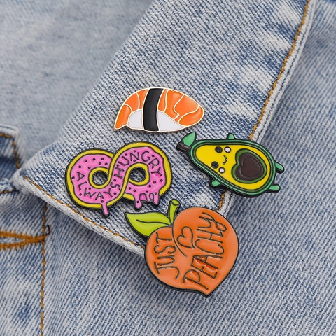 Schattige Cartoon Eten Emaille Pins Sushi Avocado Perzik Donut Badges Legering Broches Voor Rugzak Jassen Vrouwen Kinderen Sieraden