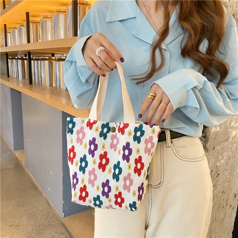 Korean Style Pleated Handbag Small Canvas Floral Polka Dot Geometric Print Cute Tote Bag With Magnetic Button For Women Casual