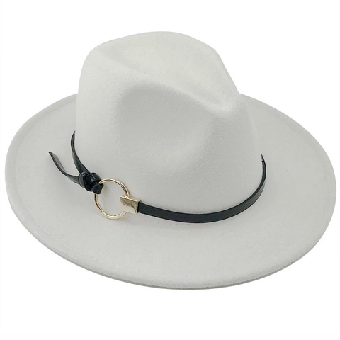 Wool Felt Fedora Hat With Metal Ring Belt Decor Flat Wide Brim Jazz Cap For Women And Men