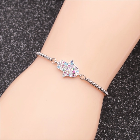 Hamsa Hand Evil Eye Bracelet Stainless Steel Adjustable Box Chain CZ Inlaid Protective Charm Jewelry For Men Women