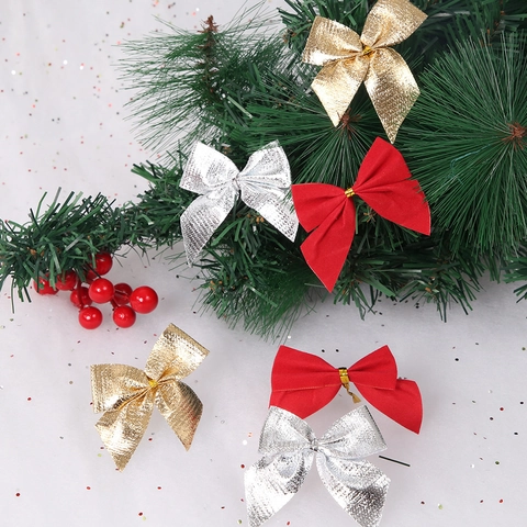Christmas Mini Bows Flocking Metallic Cloth Hanging Ornaments For Tree Wreath Garland Gift Decor