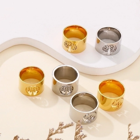 Tree Of Life Hohlring Breit Poliert Edelstahl Minimalistisch Boho Schmuck Für Damen Mode Accessoire