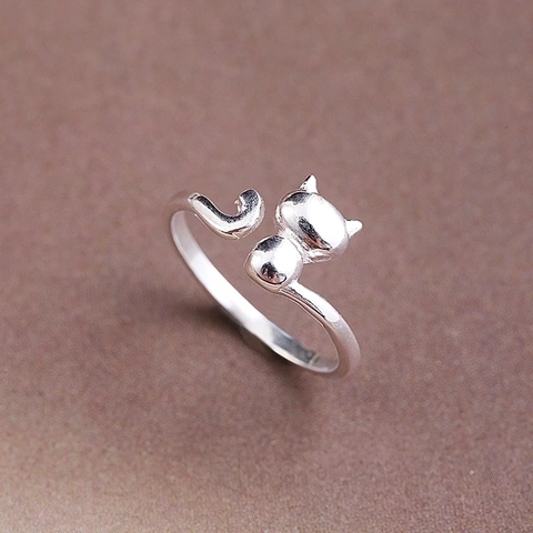 Cute Cat Open Ring Adjustable White Copper Animal Shaped Jewelry For Women Girls Creative Minimalist Finger Ring