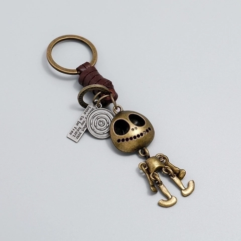 Vintage Punk Legierung Skelett Totenkopf Schlüsselanhänger Mit Geflochtenem Rindsleder Bronze Halloween Geschenk Schlüsselring