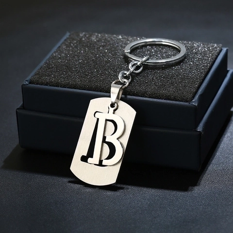 Llavero Con Letra Inicial Del Alfabeto Acero Inoxidable Metal Cepillado Colgante Cuadrado Para Mujeres Hombres