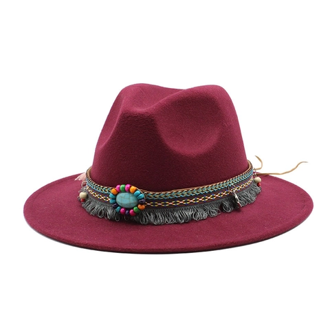 Bohemian Wide Brim Fedora Hat Vintage Wool Felt Jazz Cap With Turquoise Bead Tassel Band For Women Men Retro Style