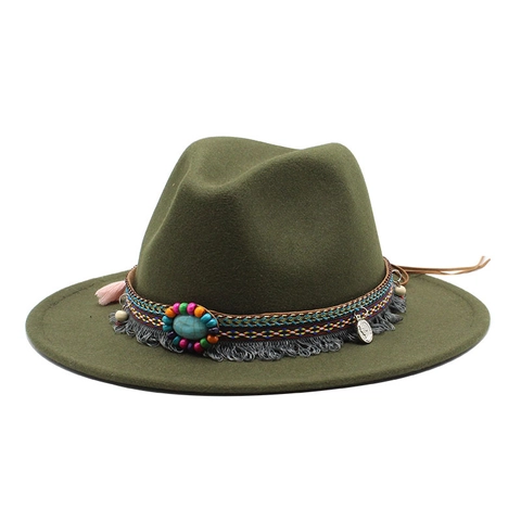 Bohemian Wide Brim Fedora Hat Vintage Wool Felt Jazz Cap With Turquoise Bead Tassel Band For Women Men Retro Style