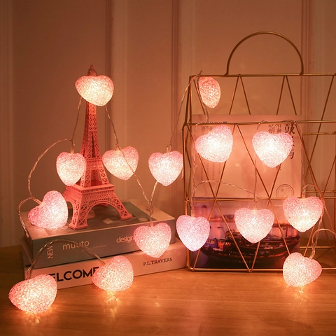 Heart Shaped LED String Lights Crystal Texture Warm Glow For Wedding Valentine Party Bedroom Decor Battery Operated