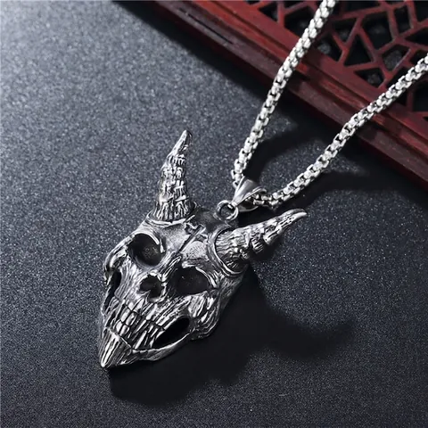 Gothic Horned Skull Pendant Necklace Titanium Steel Retro Demon Cross Biker Punk Jewelry For Men With Box Chain
