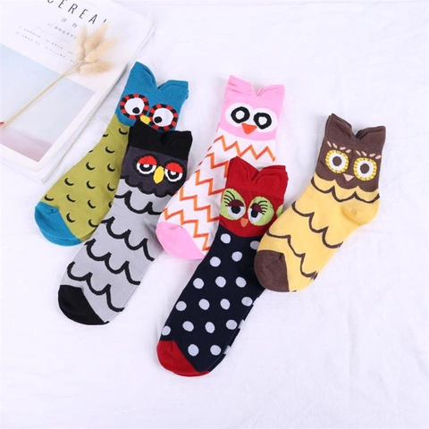 Women Cute Owl Cartoon Cotton Blend Mid-Calf Socks Novelty Animal Patterned Soft Breathable Casual Crew Hosiery Girls