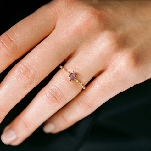 Oval Purple Cubic Zirconia Ring Women 18K Gold Plated Copper Geometric Light Luxury Japanese Style Finger Jewelry White Zircon