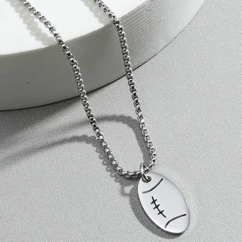 Rugby Football Pendant Necklace Stainless Steel Hip Hop Style Box Chain Silver Tone Jewelry For Men Women Teen Boys