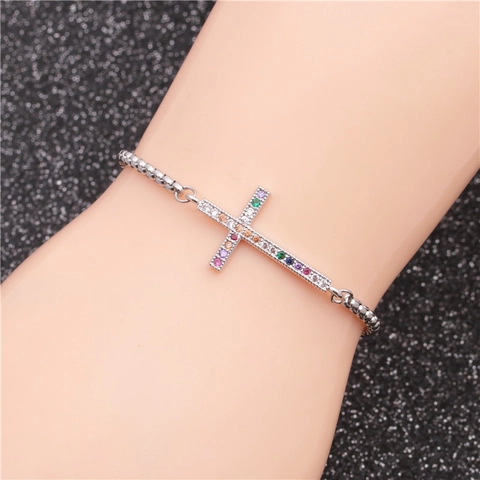 Pulsera Con Colgante De Cruz De Acero Inoxidable Con Circón Colorido Arcoíris Cadena De Caja Ajustable Joyería Religiosa Para Hombre