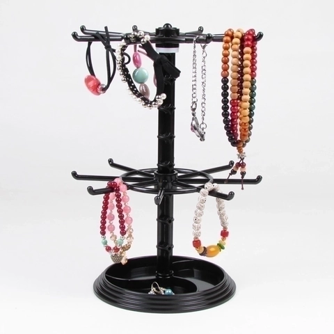 Jewelry Display Stand Rotating Earring Holder Plastic Necklace Rack Double Layer Storage Organizer With Base Tray