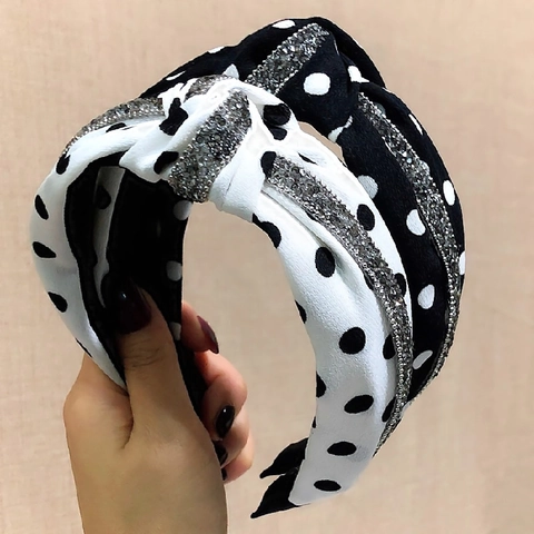 Polka Dot Rhinestone Knot Headband Fabric Twisted Hair Hoop Elegant Stylish Hairband Fashion Headwear For Women