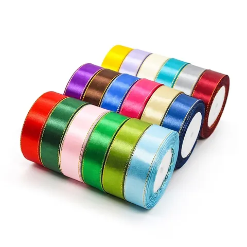 Gold Edged Satin Ribbon For Gift Wrapping Cake Box Decoration Colorful Polyester Satin Fabric Tape DIY Crafts Wedding Party