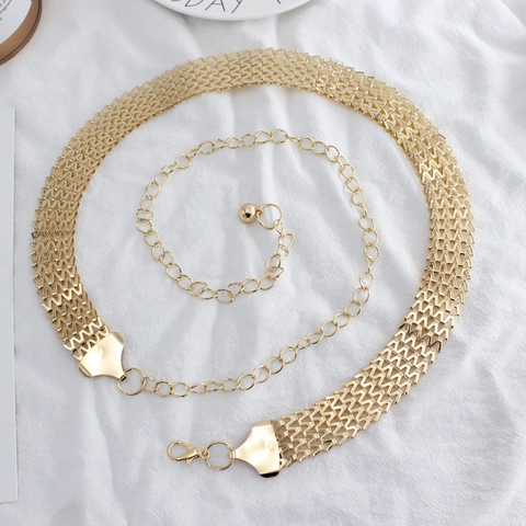 Women Fashion Metal Alloy Waist Chain Belt Adjustable Hook Closure For Dresses Herringbone Gold Tone Decorative