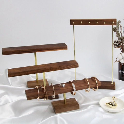Walnut Wood Jewelry Display Stand Metal Hooks Necklace Bracelet Organizer Minimalist Home Decor Craft Photography Props